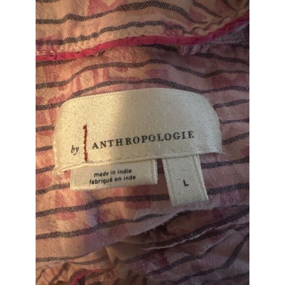 Women L Anthropologie Button Sleep Pajama Shirt Top Pink Stripec Printed Blouse - Picture 6 of 6